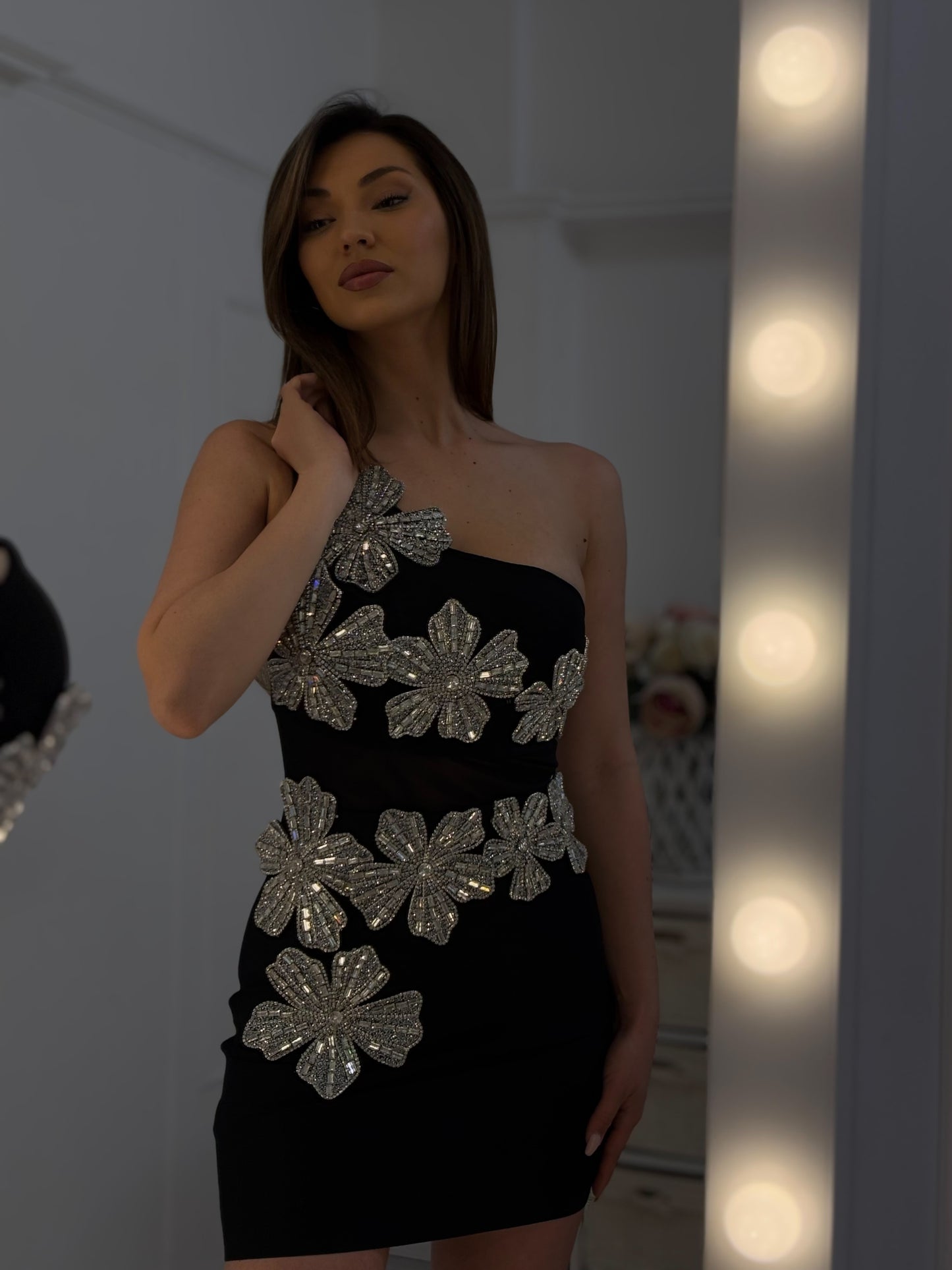 Gladys bandage dress with stone flowers