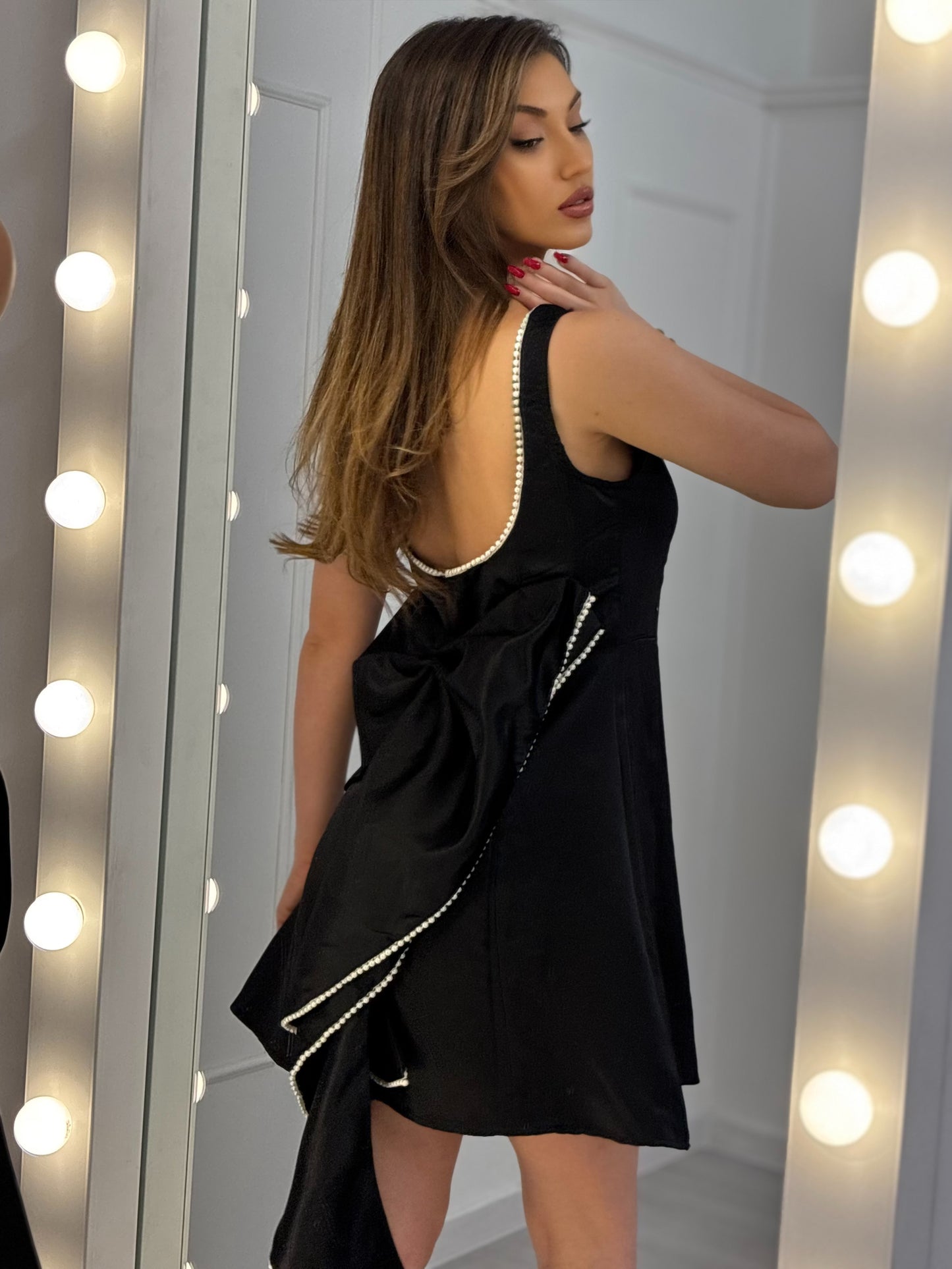 Ribbonsy satin dress with ribbon back and pearls