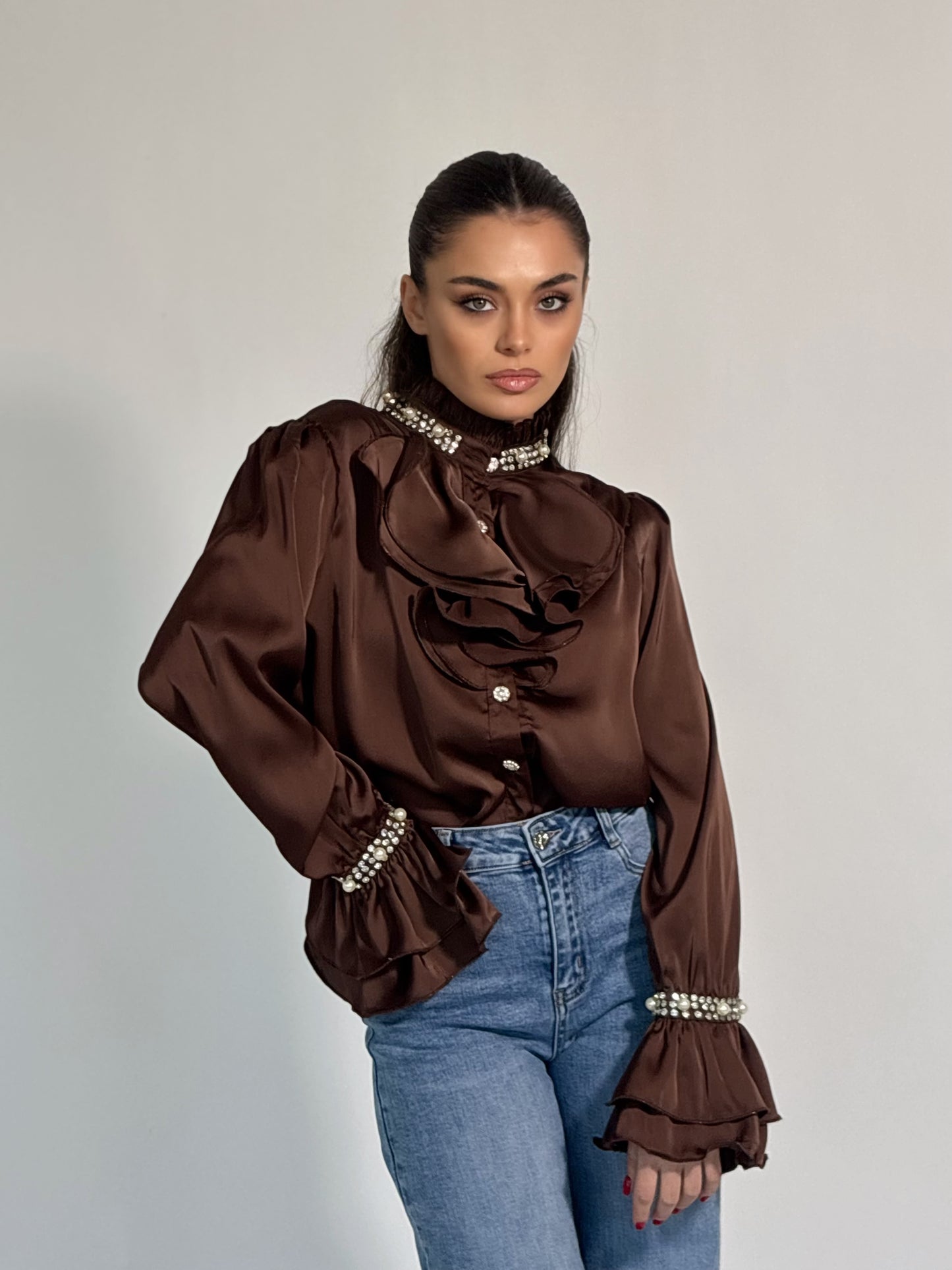 Cămașă Dola din satin cu perle și pietre