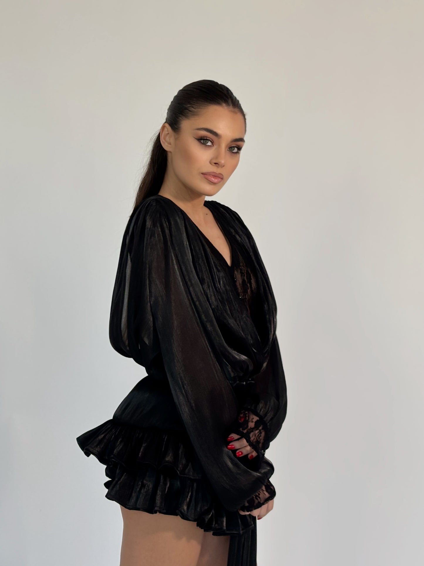 Flame satin dress with pants