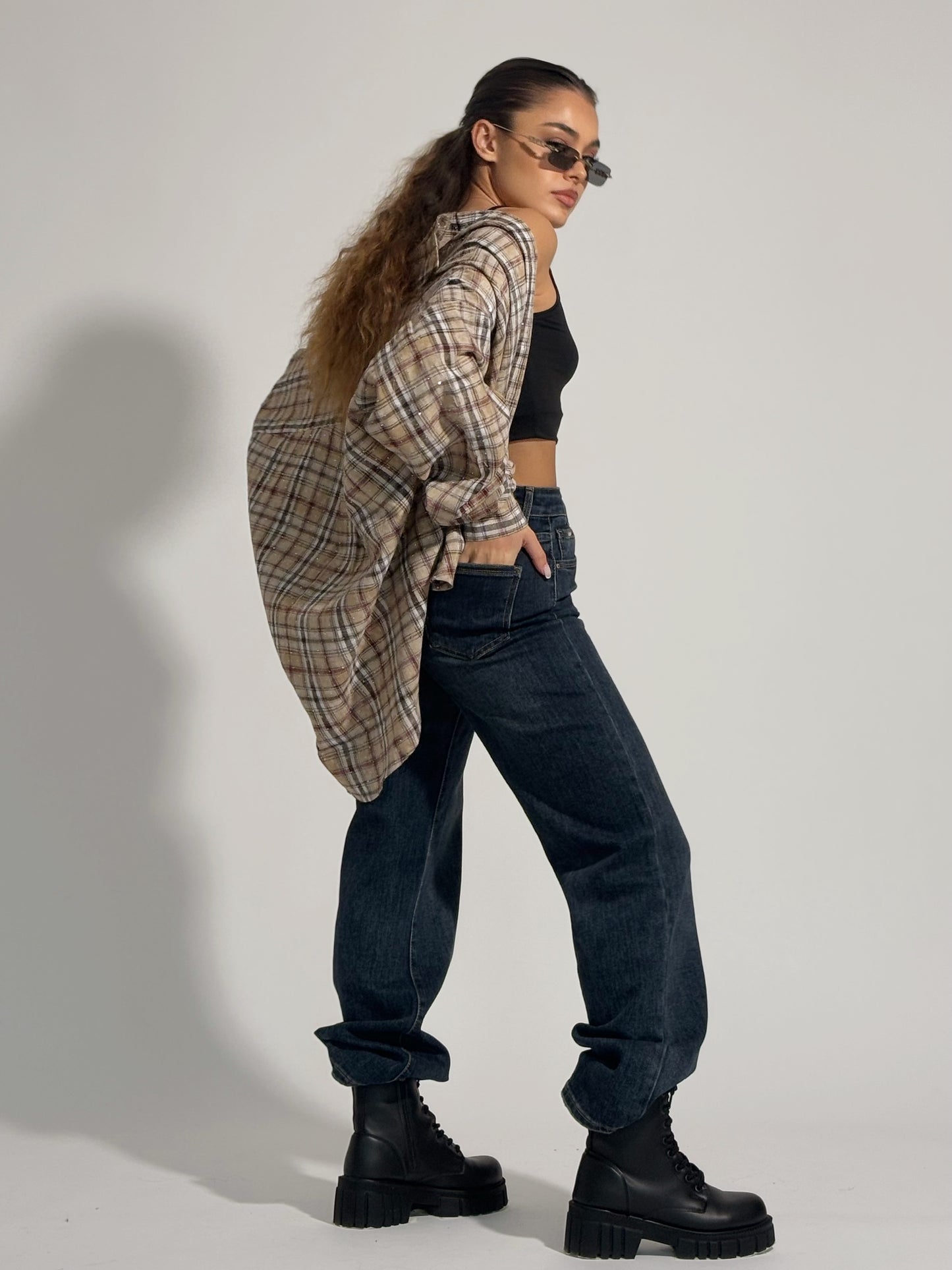 Карирана оувърсайз риза Miliva с камъни