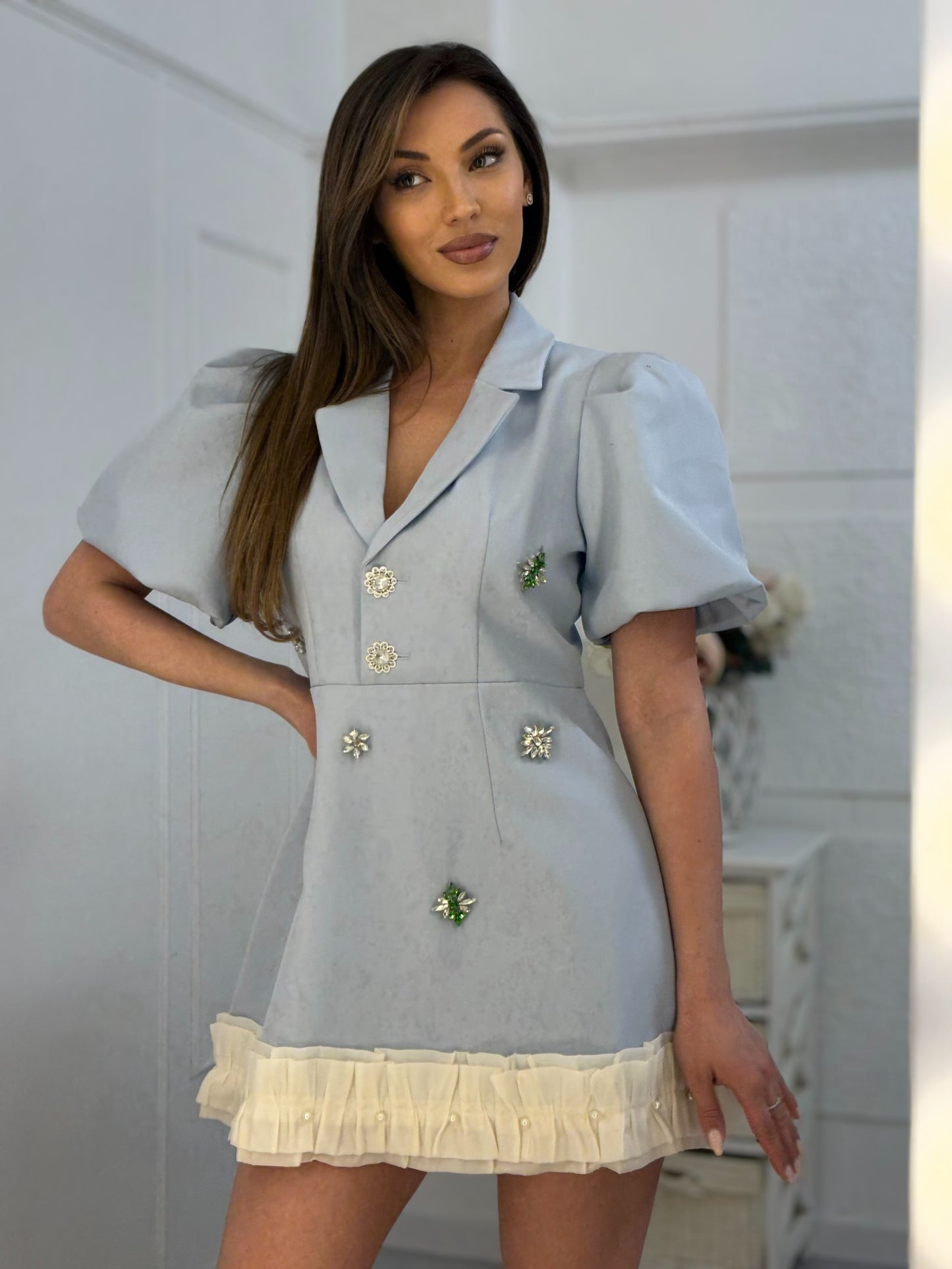 Rochie Olivia cu pietre și mâneci bufante