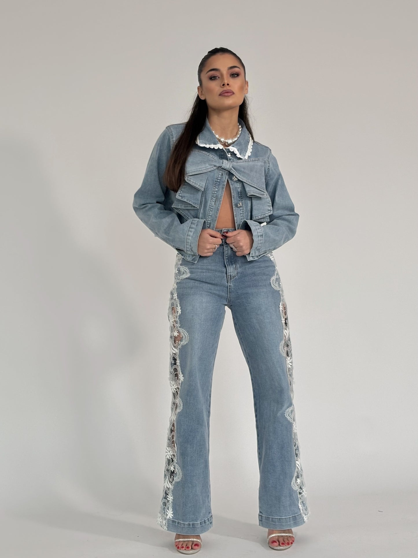 Jachetă din denim cu panglică Unica