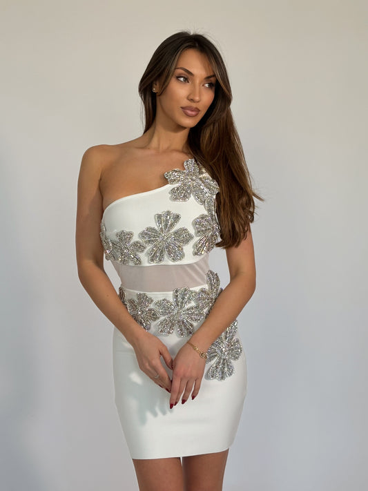 Gladys bandage dress with stone flowers