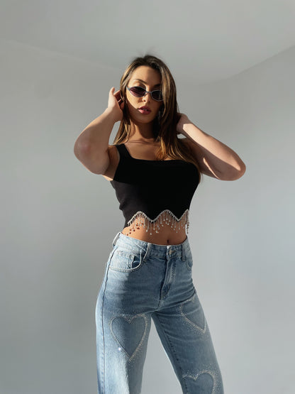 Crop top Miss chic cu pietre suspendate