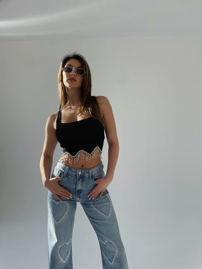 Crop top Miss chic cu pietre suspendate