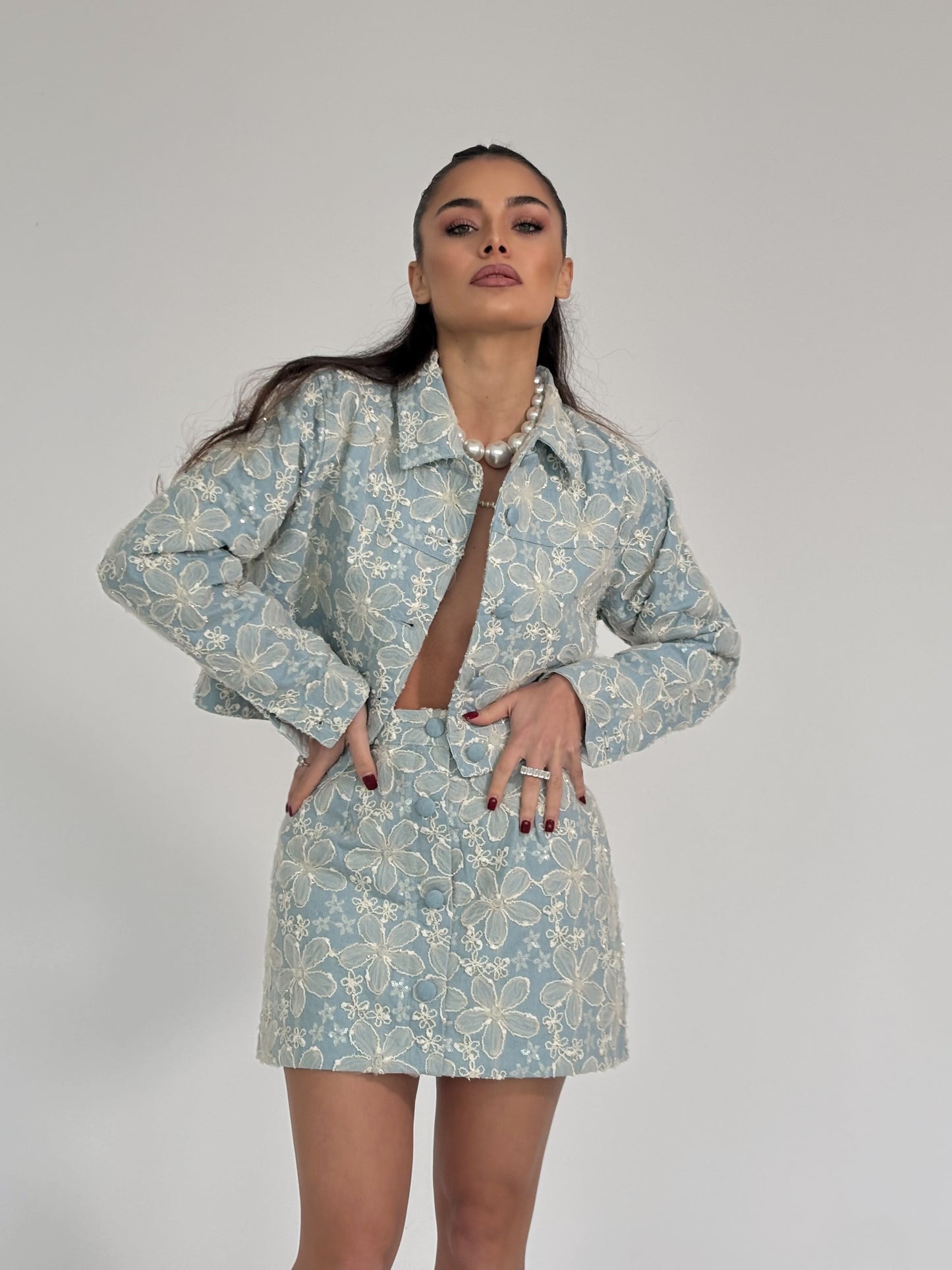 Set Beatris din denim cu flori din organza