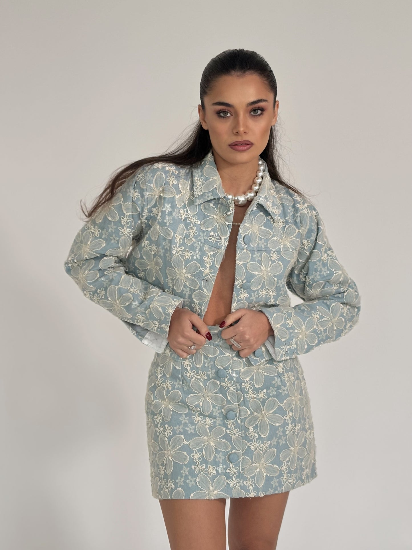 Set Beatris din denim cu flori din organza