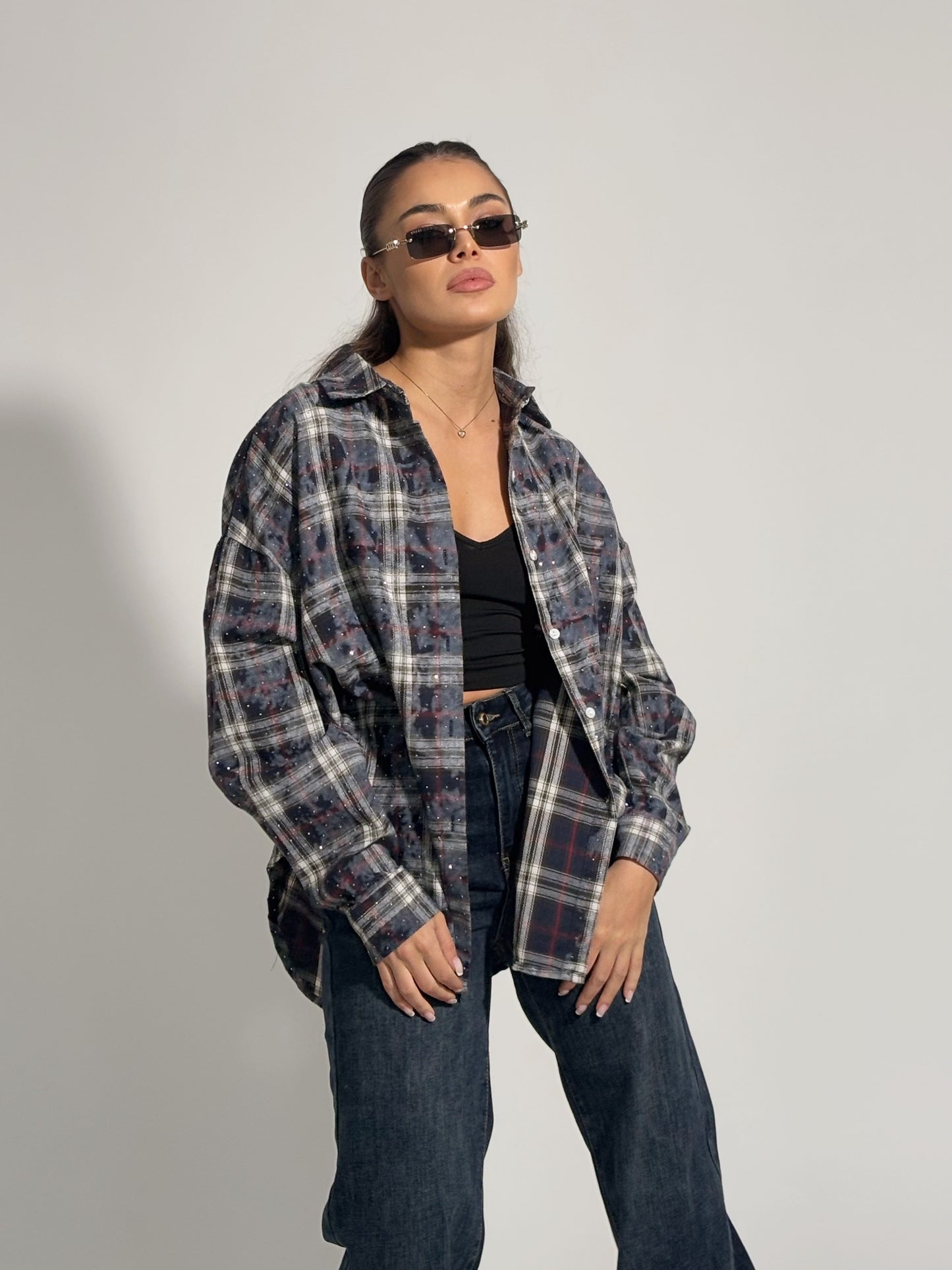 Карирана оувърсайз риза Miliva с камъни