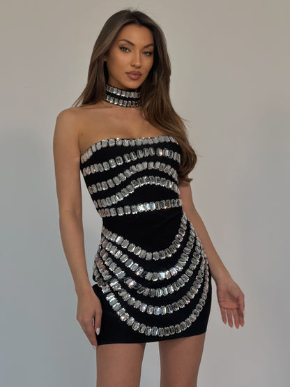 Бандажна рокля с камъни и чокър Clarisa