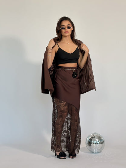 Сатенена пола с дантела Mocha