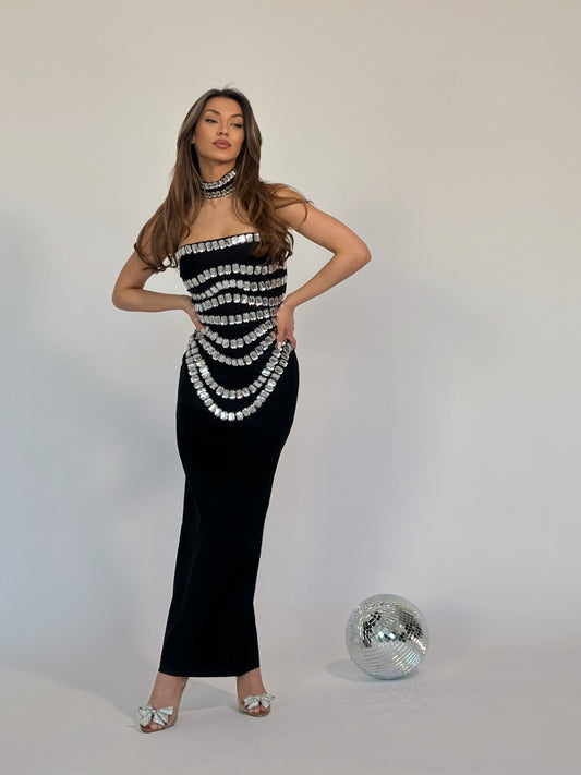 Бандажна рокля с камъни и чокър Casila