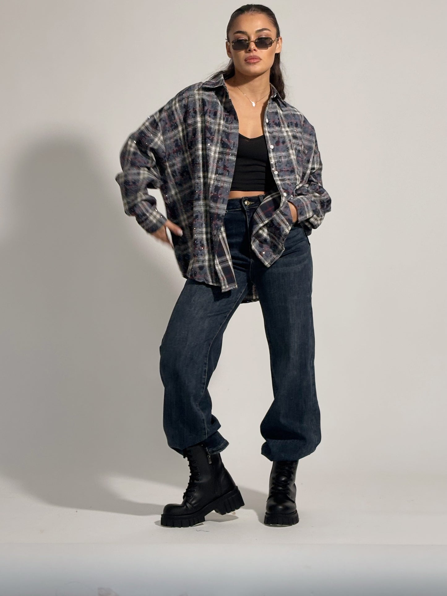 Карирана оувърсайз риза Miliva с камъни