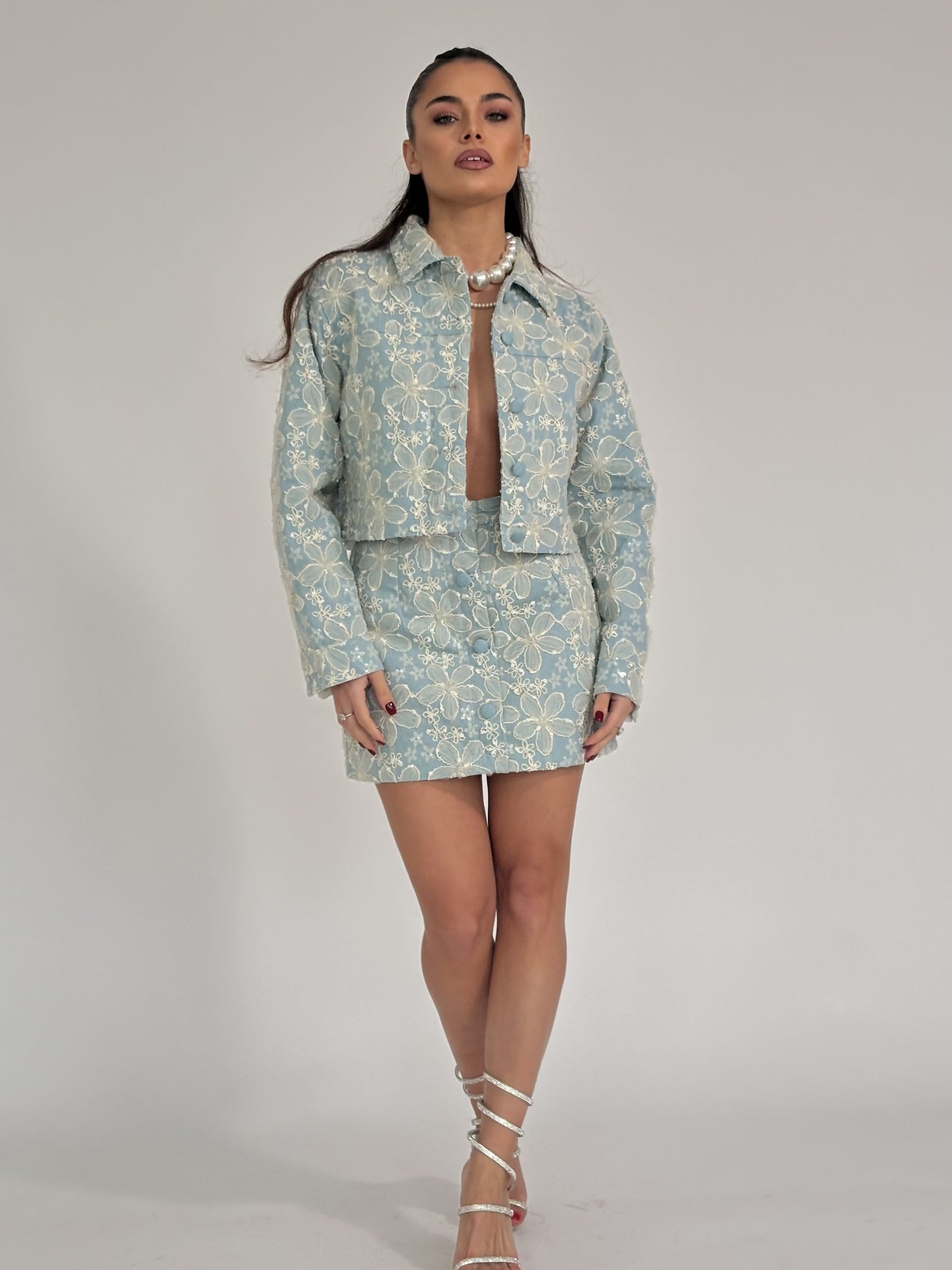 Set Beatris din denim cu flori din organza