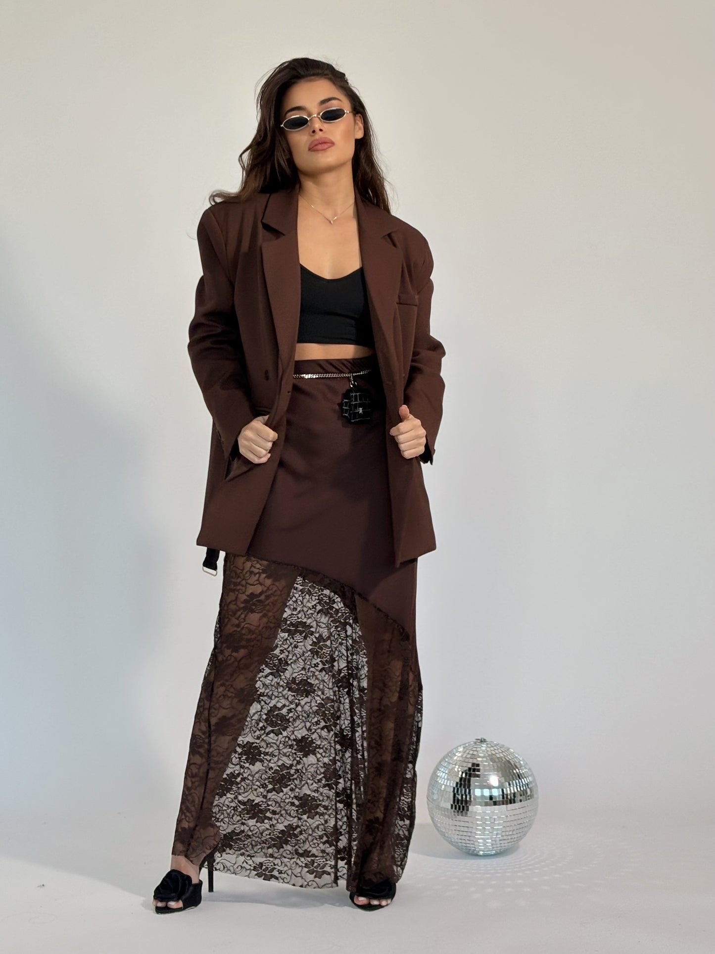 Сатенена пола с дантела Mocha