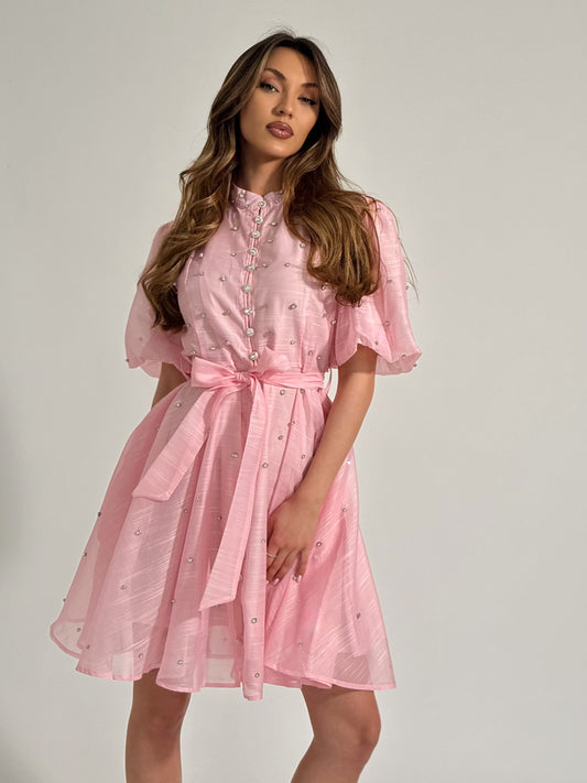 Къса рокля Olinia от органза с кристални камъни