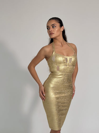 Бандажна рокля Carollina с лъскав ефект