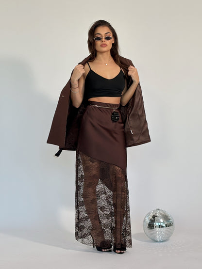 Сатенена пола с дантела Mocha