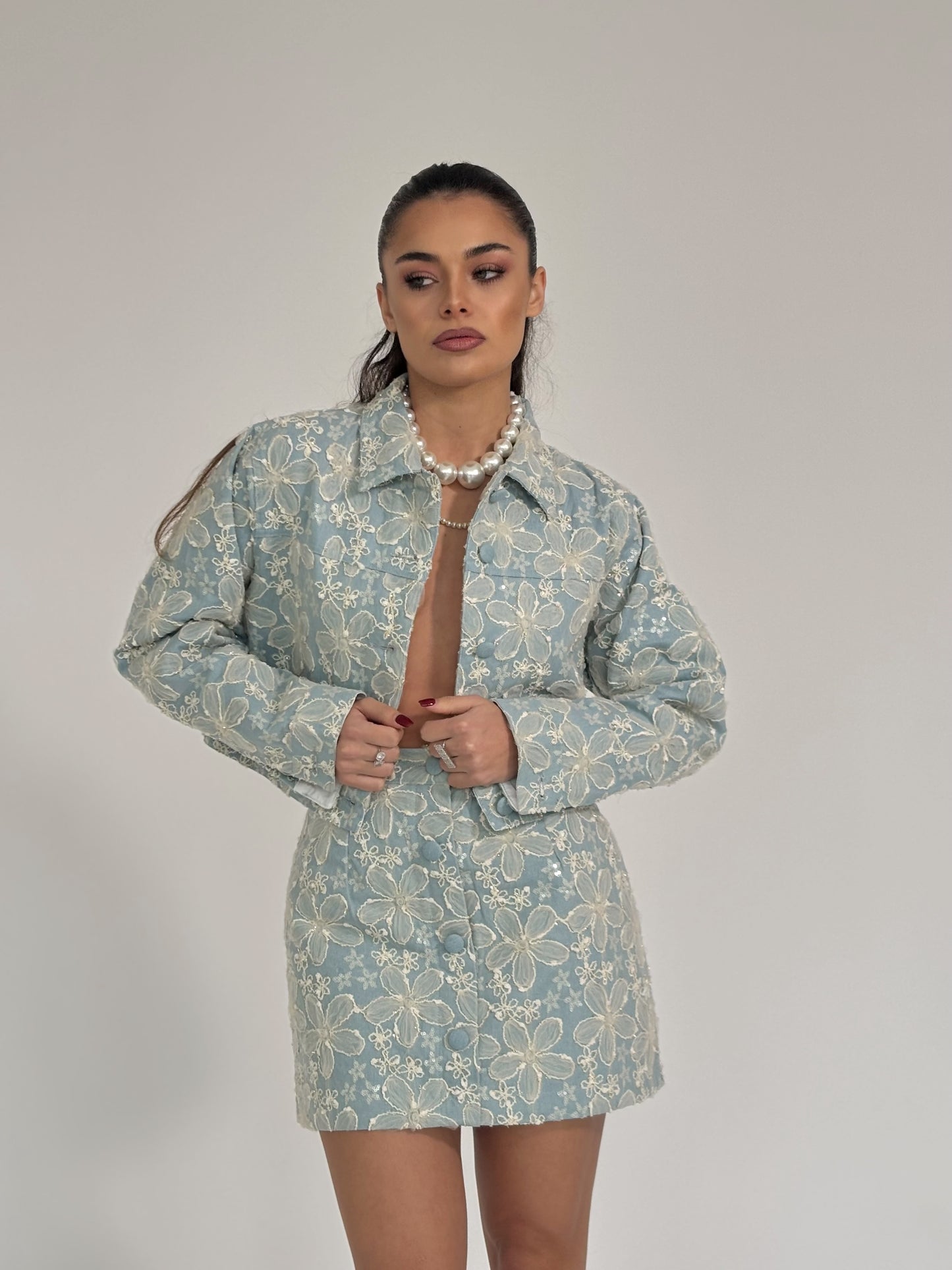 Set Beatris din denim cu flori din organza