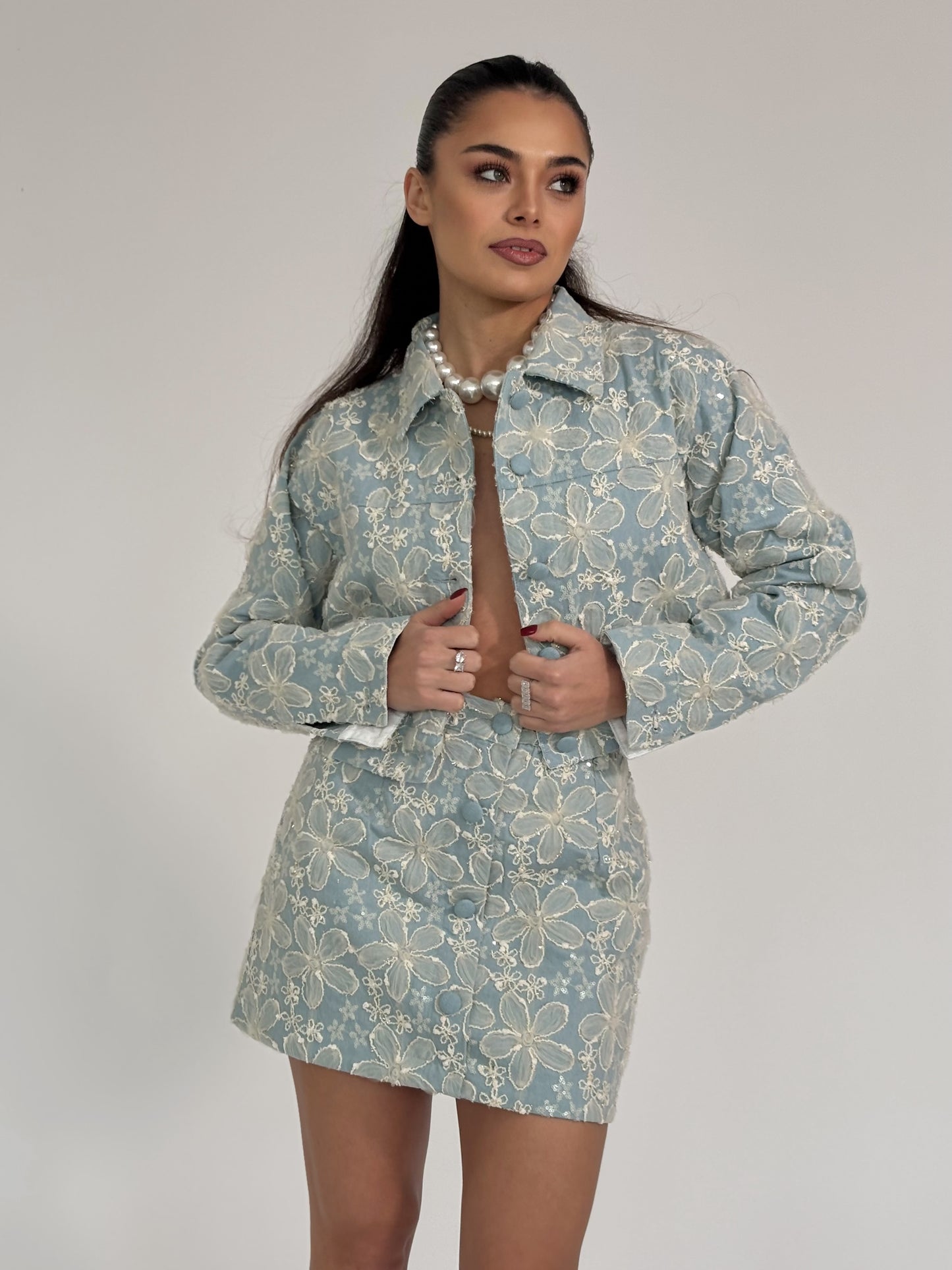 Set Beatris din denim cu flori din organza
