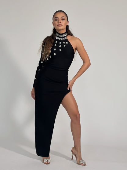 Бандажна рокля Violla с един ръкав и камъни