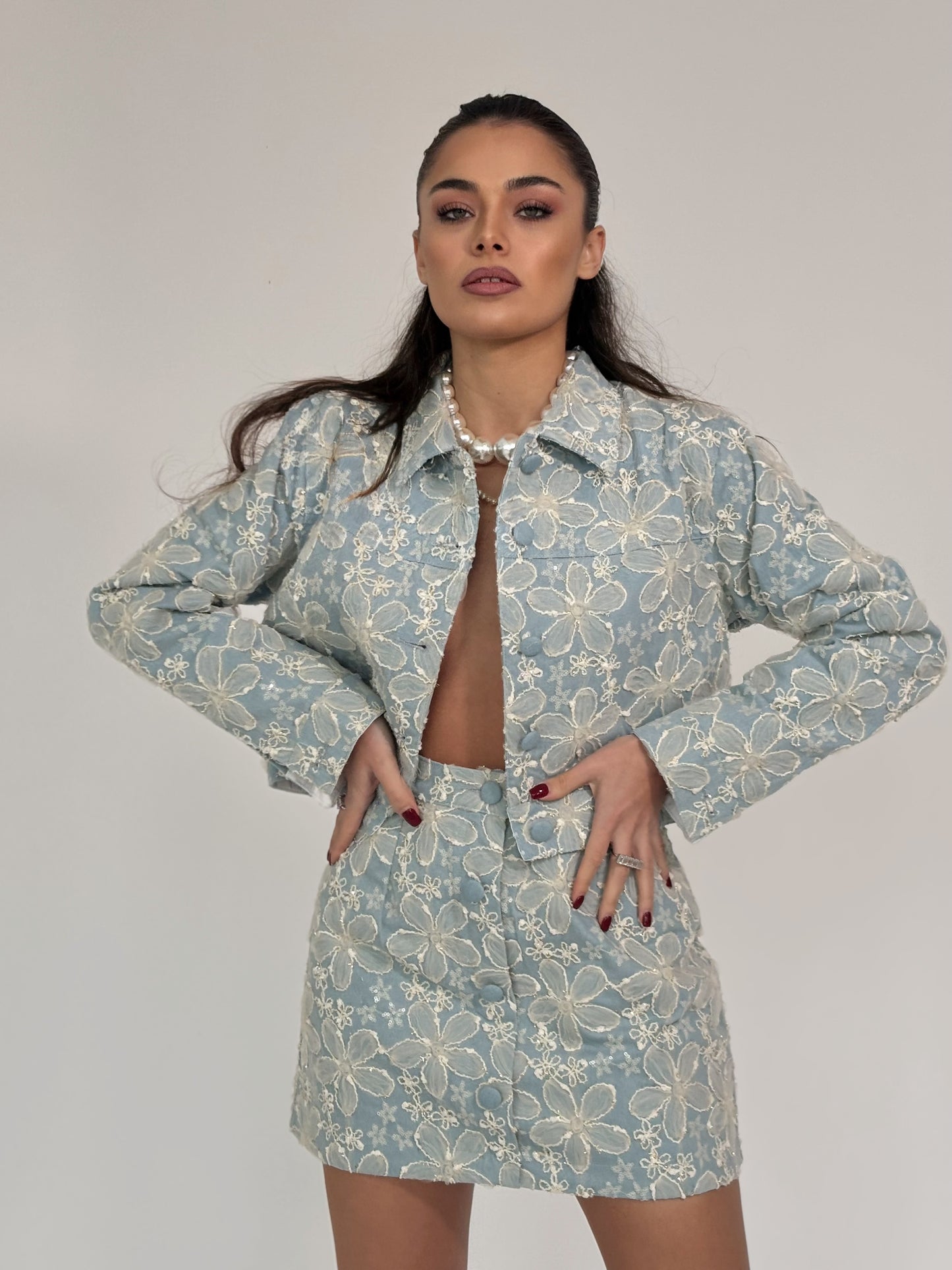 Set Beatris din denim cu flori din organza
