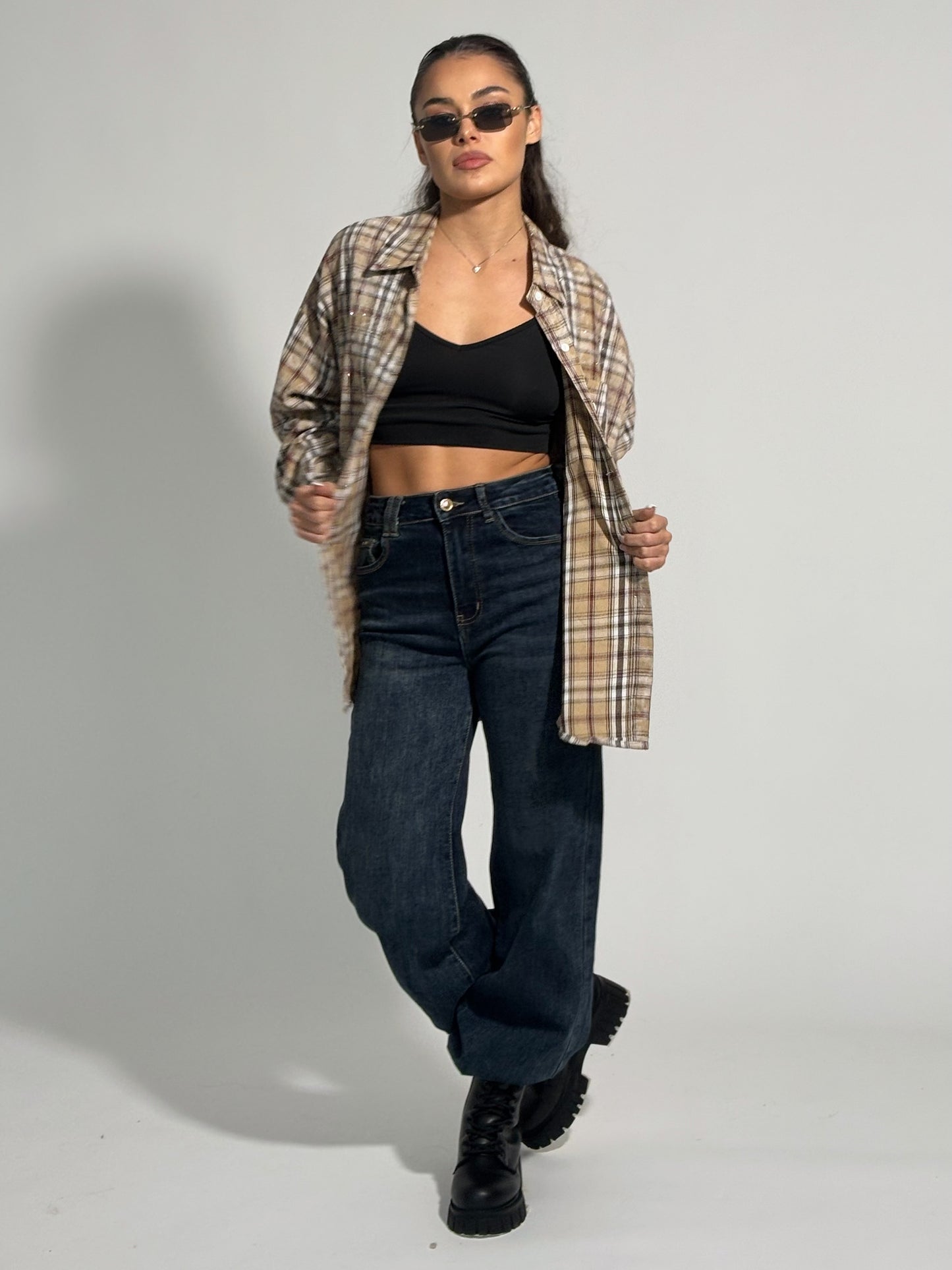 Карирана оувърсайз риза Miliva с камъни