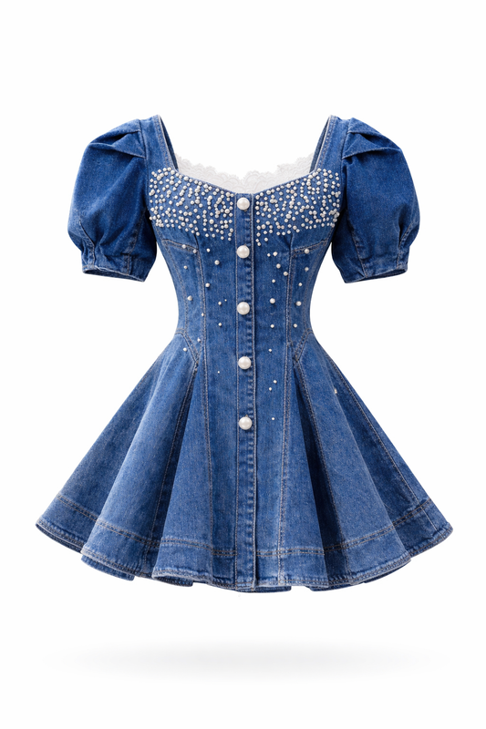 Denim dress with pearls Clara