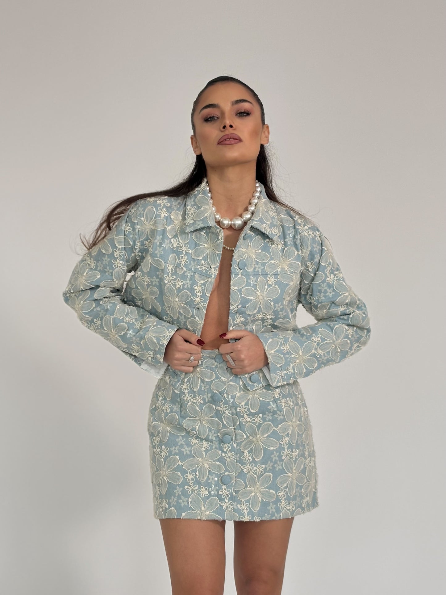 Set Beatris din denim cu flori din organza