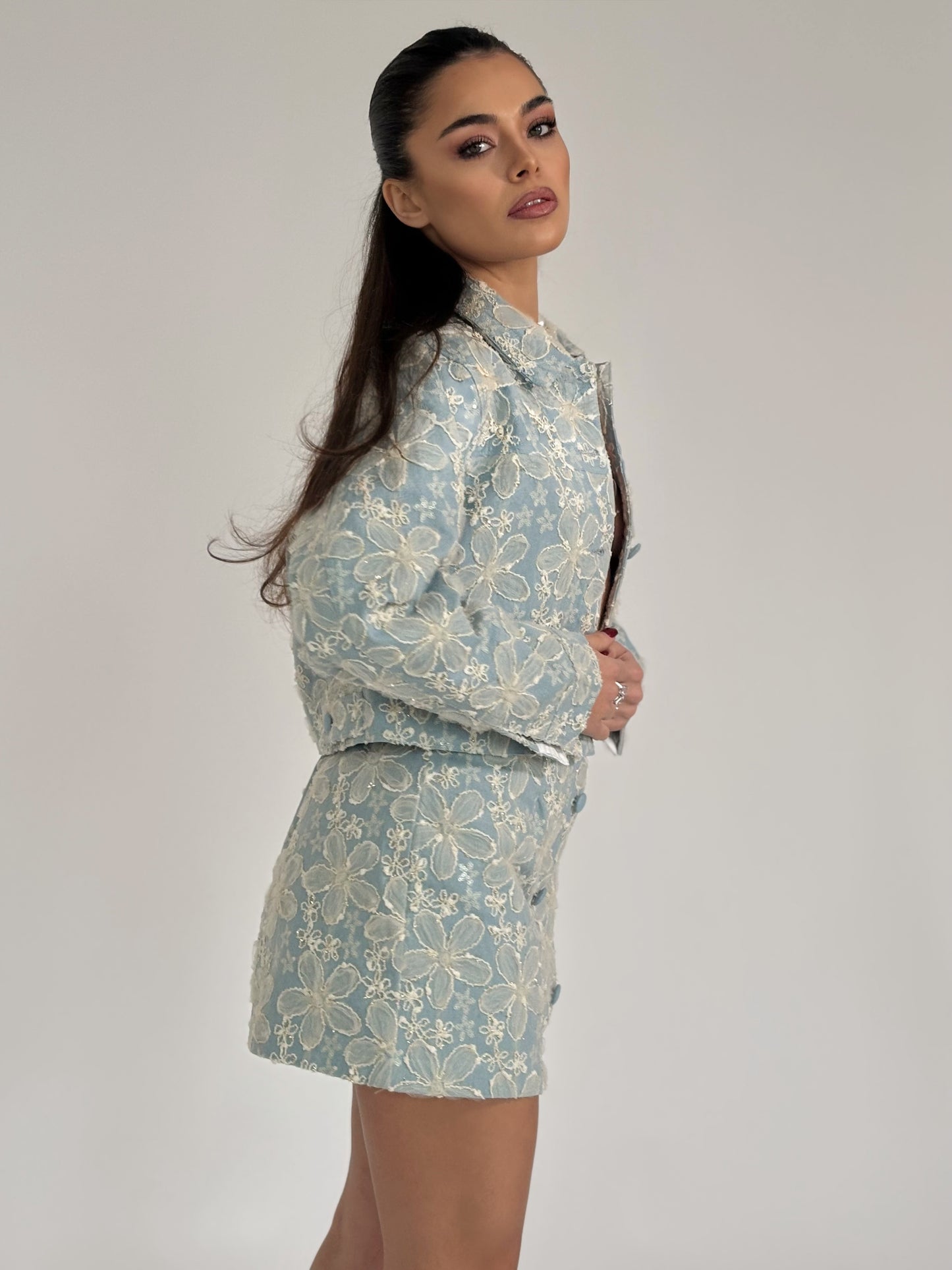 Set Beatris din denim cu flori din organza
