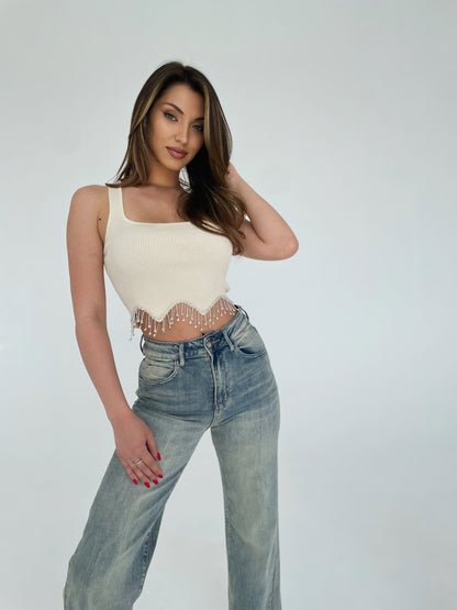 Crop top Miss chic cu pietre suspendate