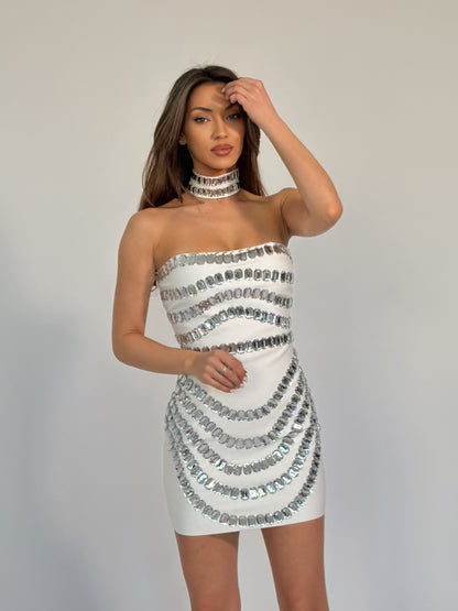 Бандажна рокля с камъни и чокър Clarisa