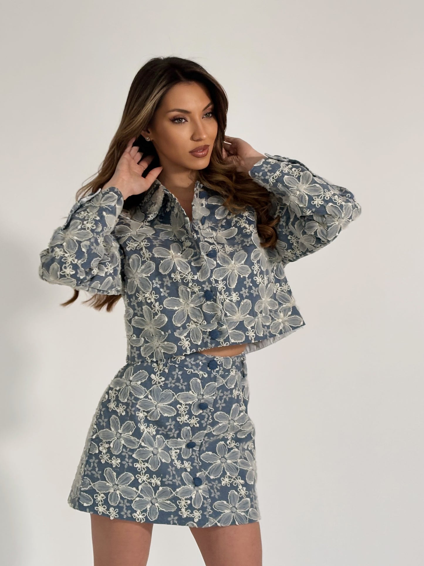 Set Beatris din denim cu flori din organza
